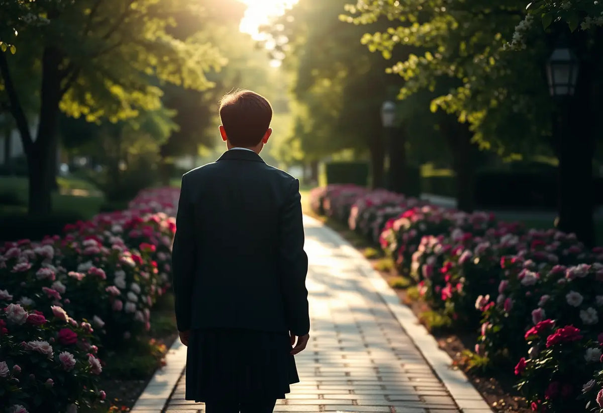 Un silhouetté marche sur un chemin pavé entouré de fleurs en fleurissement, portant un blouson d'uniforme scolaire, sous la lumière du soleil filtre à travers les arbres.
