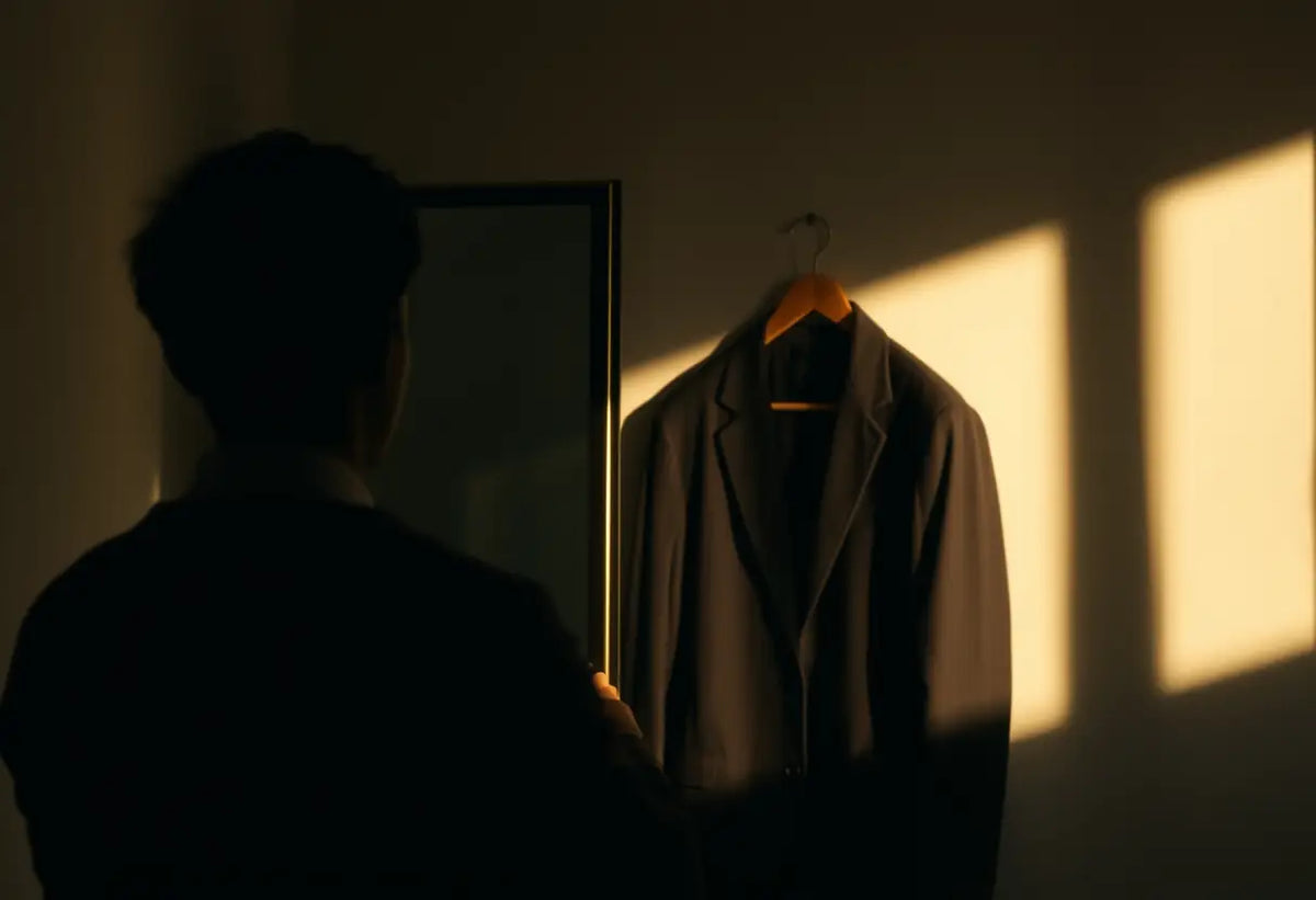 une silhouette ajuste un pull en laine derrière un miroir avec un veston accroché derrière
