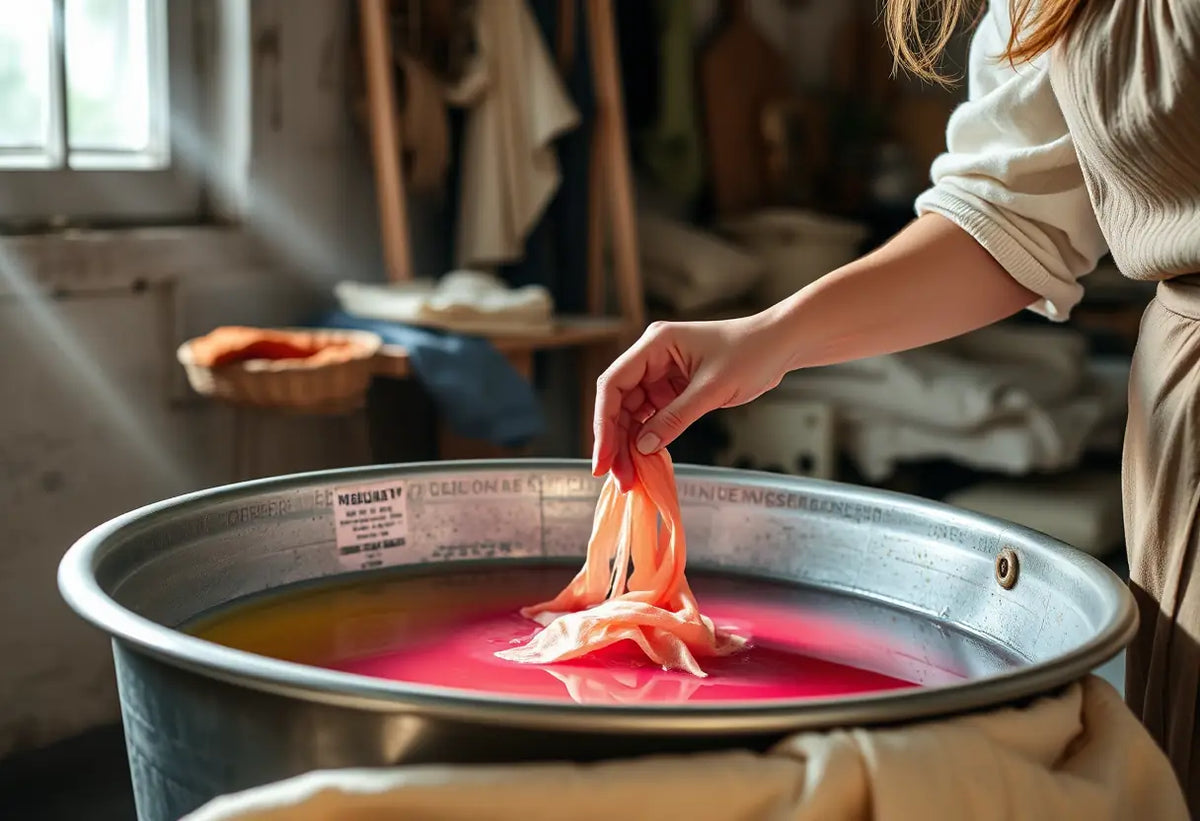 Une main agite doucement un bassin rempli d'eau colorée et de tissus dans un atelier.