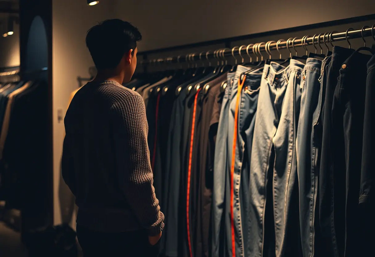 Un silhouetté porte un pull près d'une penderie remplie de jeans de différentes tailles