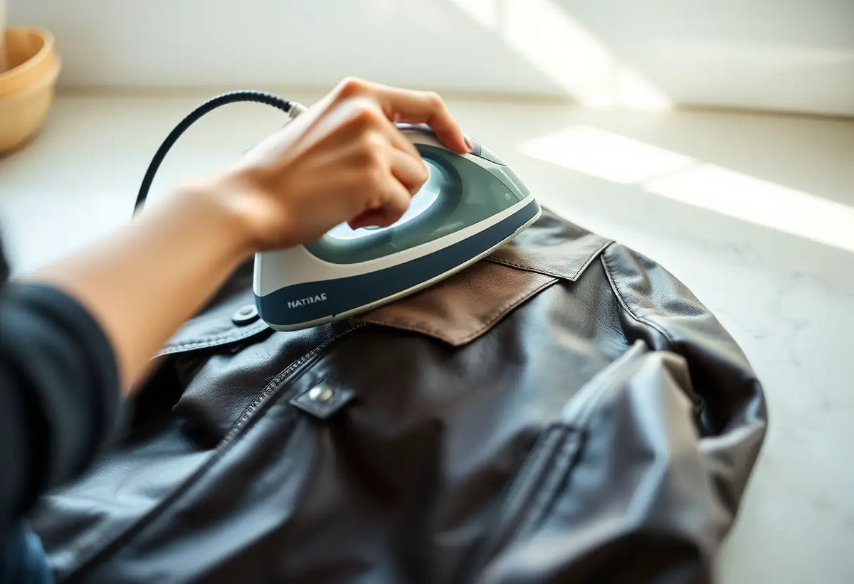 Une main prépare soigneusement un patch sur un blouson en cuir à l'aide d'une planche à repasser.