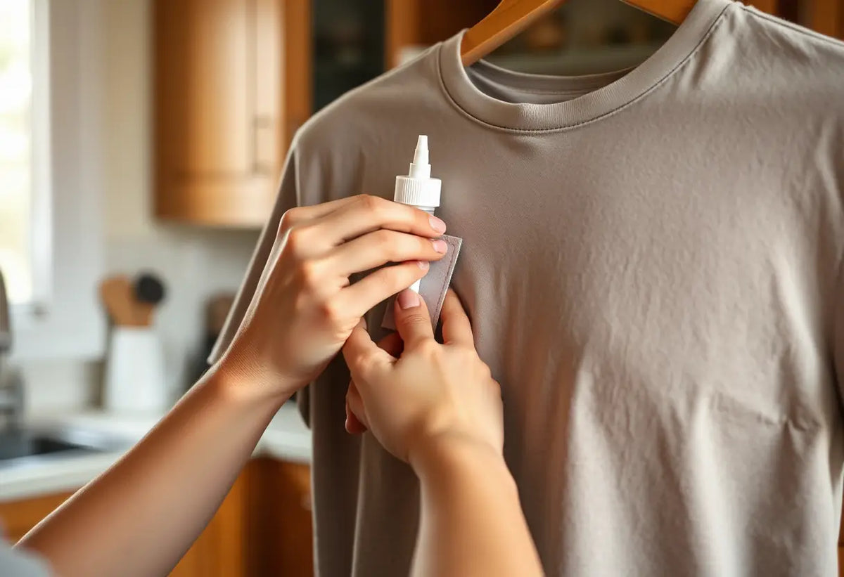 Une main maintient un écusson en place sur un tee-shirt en coton tandis qu'une autre applique un adhésif à partir d'un flacon, dans une cuisine bien éclairée.