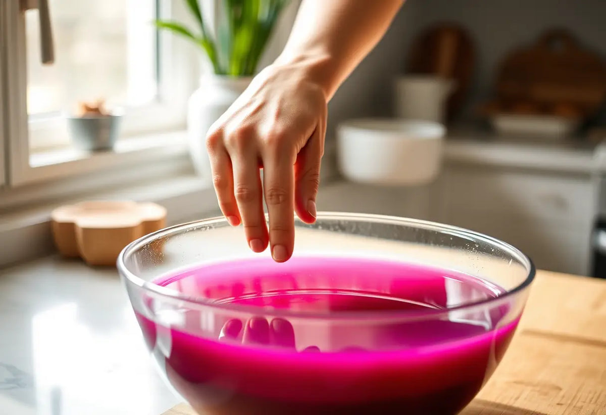 Une main remue délicatement un bol rempli de teinture dans une cuisine bien éclairée.