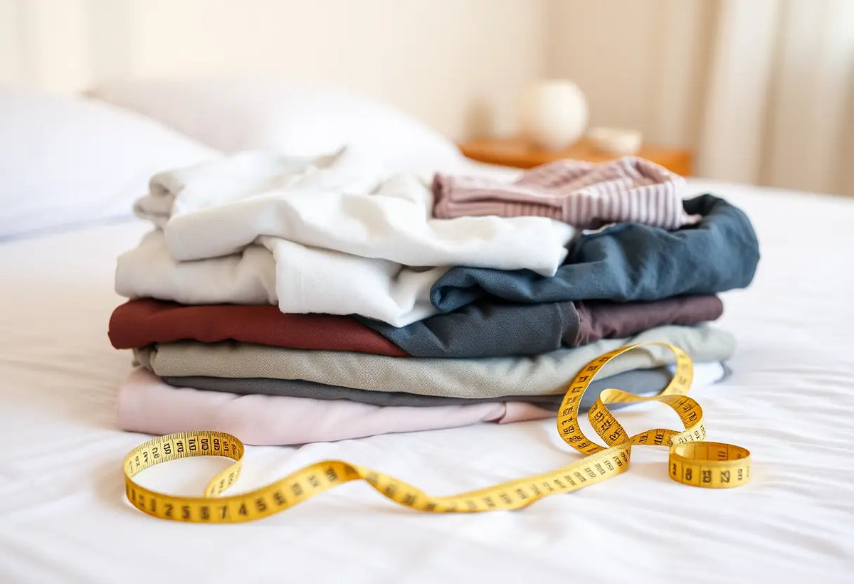 Un tas de vêtements soigneusement pliés sur un lit, avec un ruban métrique enroulé à côté, soulignant l'importance de la bonne taille