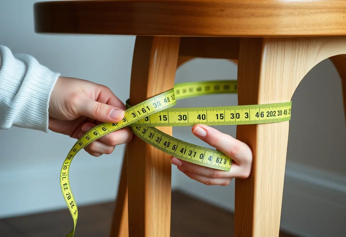Des mains tenant un ruban mesure autour une jambe de chaise, démonstration de la précision nécessaire