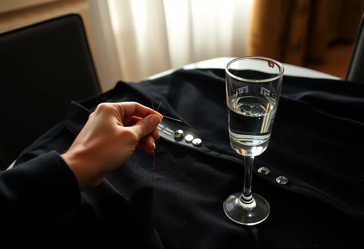 Une main coud des strass sur un gilet en velours noir, sur une table de cuisine éclairée naturellement.