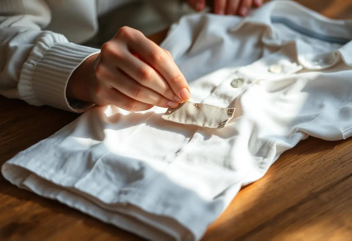 Main de femme en train de coudre une étiquette textile sur un vêtement