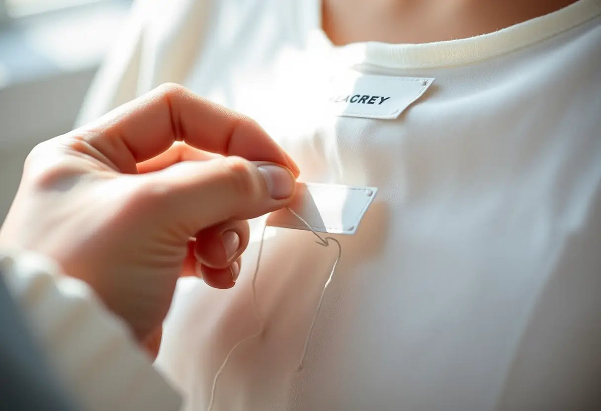 Main de femme en train de filer une aiguille pour coudre une étiquette sur un vêtement