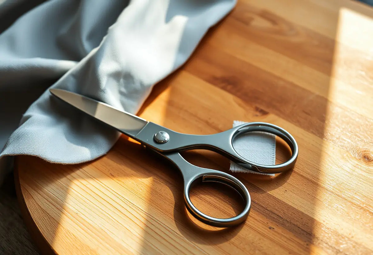 Des ciseaux à couture tranchants posés sur un plan de coupe, prêts à couper du tissu pour la confection de vêtements.