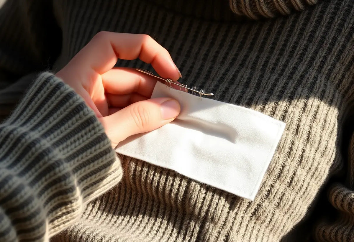 Main du couturière en train de coudre une étiquette en coton sur un pull.