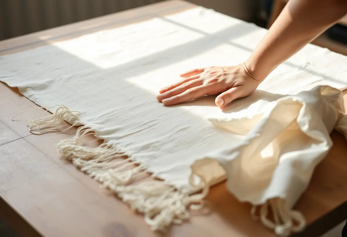 Une main ajuste délicatement un tissu en lin recyclé sous la lumière naturelle