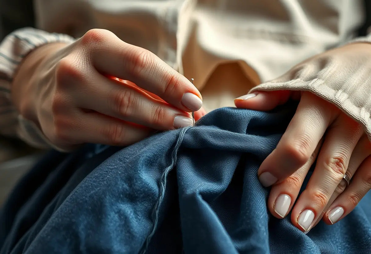 Des mains qui cousent une pièce de tissu pour créer un vêtement en couches 3D