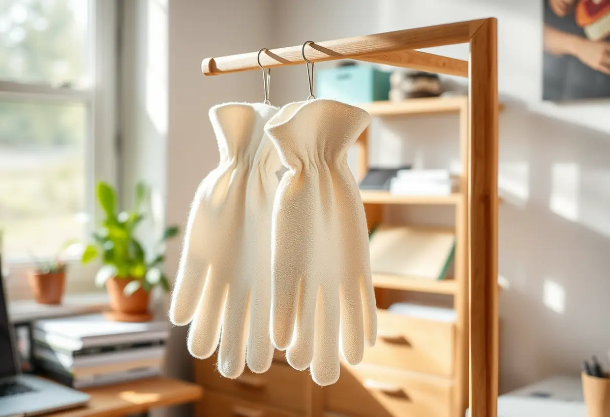 Des gants en coton accrochés dans un bureau, éclairés par la lumière naturelle