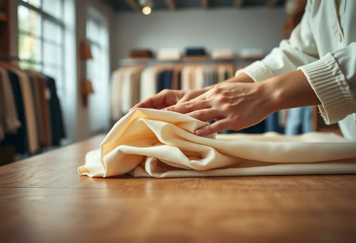Des mains plient un tissu délicat sur une table en bois dans un coin calme de la boutique, éclairé par une lumière douce.