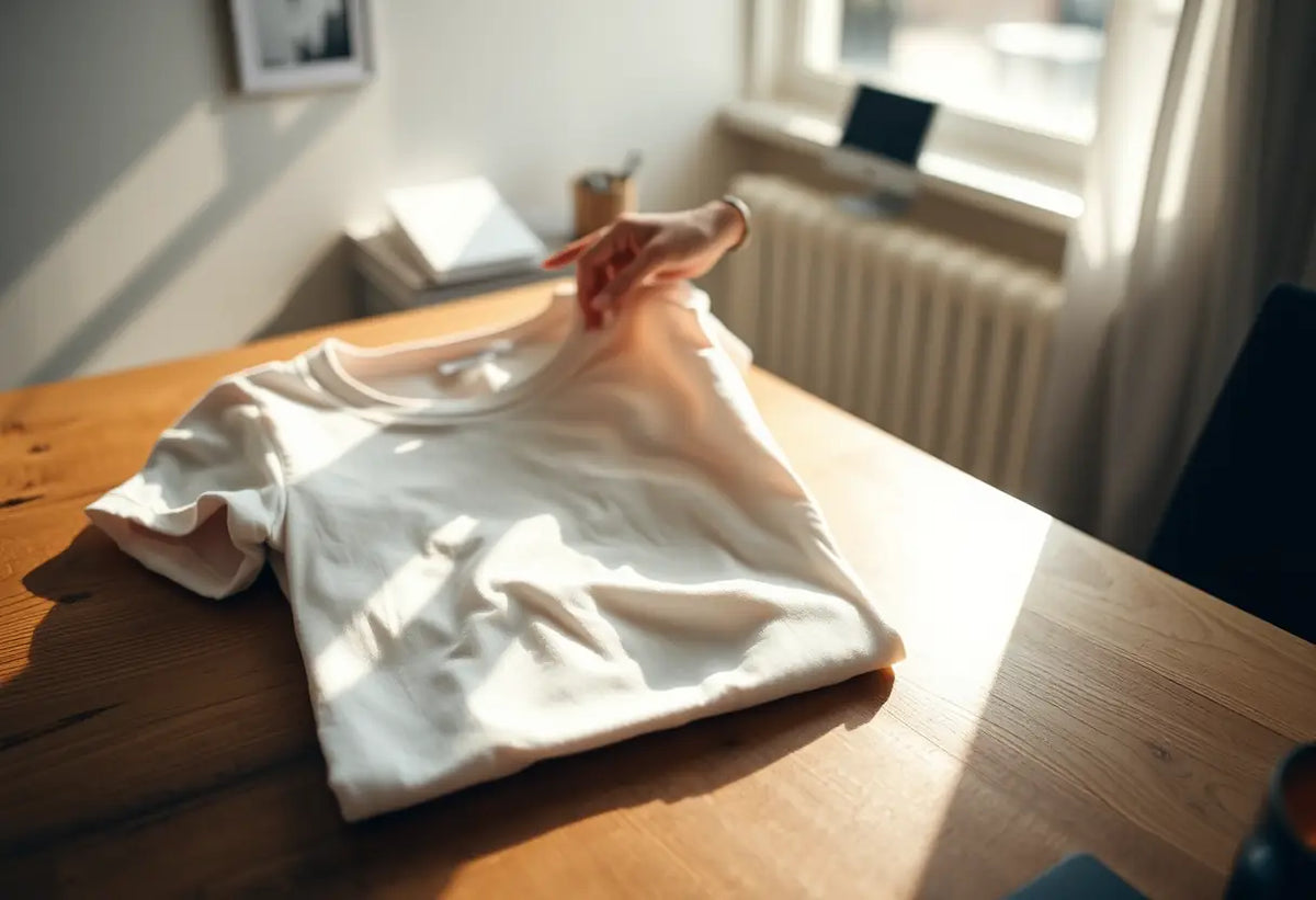 Une main lisse un tee-shirt en coton plié sur un bureau