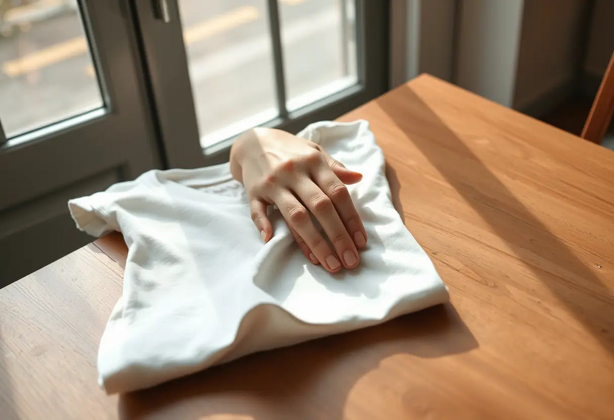 Une main plie délicatement un T-shirt en coton sur une table
