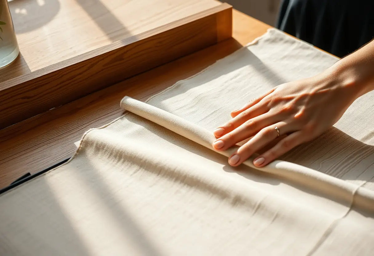 Une main lisse un échantillon de tissu sur un bureau