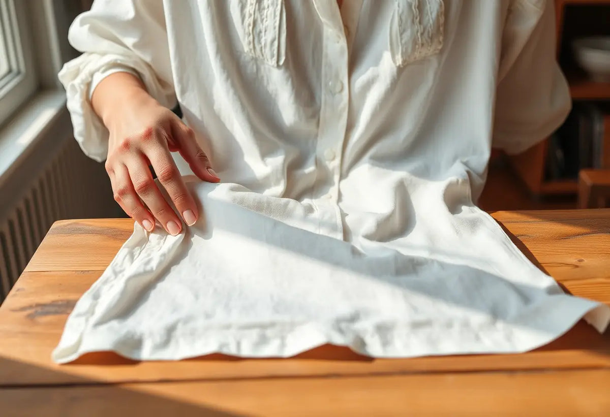Une main lisse une ride sur une blouse en coton dans un studio, textile alternatif
