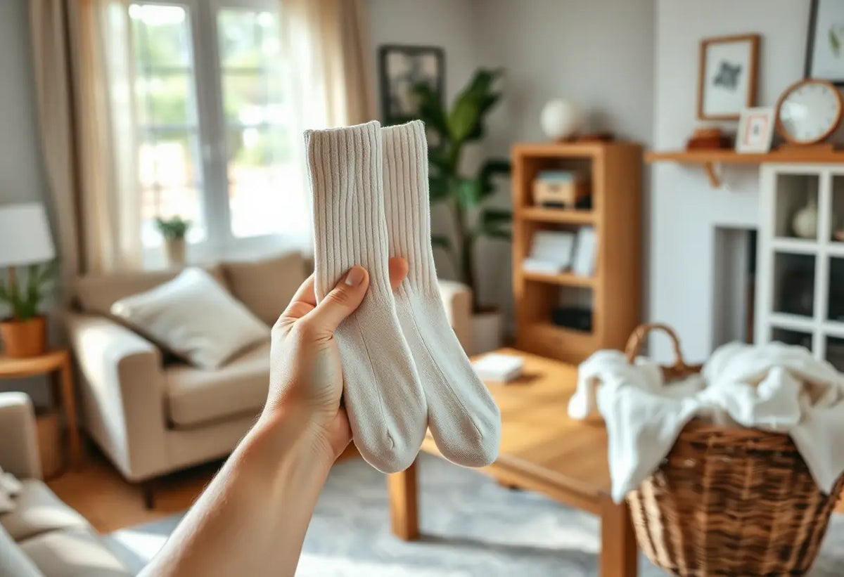 Des mains tenant des chaussettes en coton devant la lumière dans un salon accueillant, avec une table basse en bois et un panier à linge.
