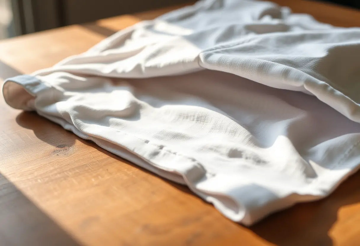 Un t-shirt en coton plié soigneusement sur un bureau en bois, éclairé par la lumière du matin