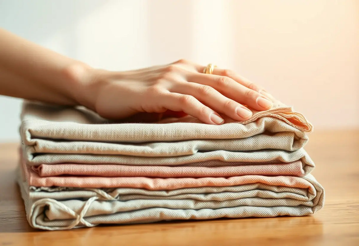 La main d'une femme plie soigneusement un morceau de tissu recyclé, éclairé par la lumière du matin.