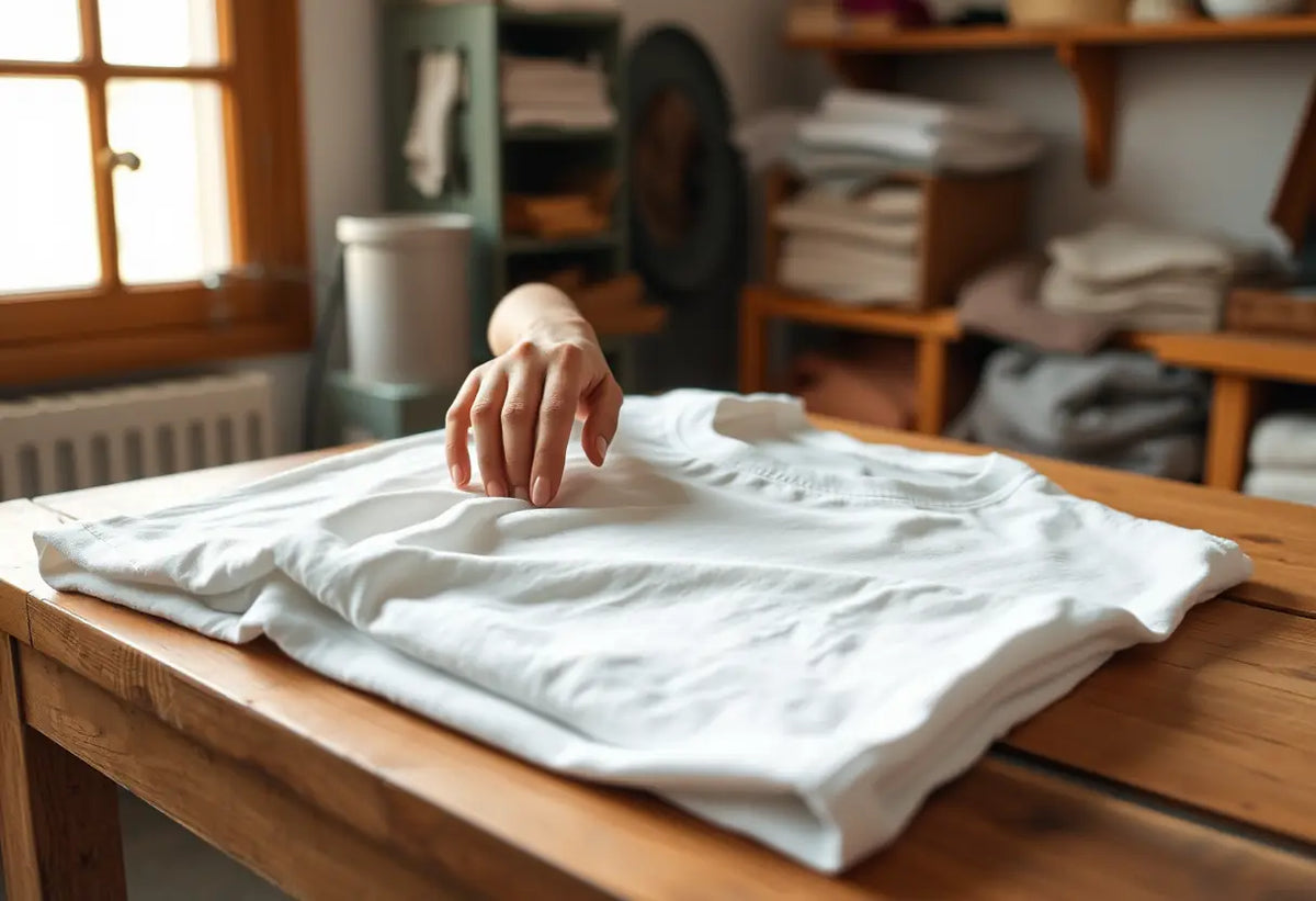 Une main plie délicatement un t-shirt en coton sur une table de travail, lumière naturelle