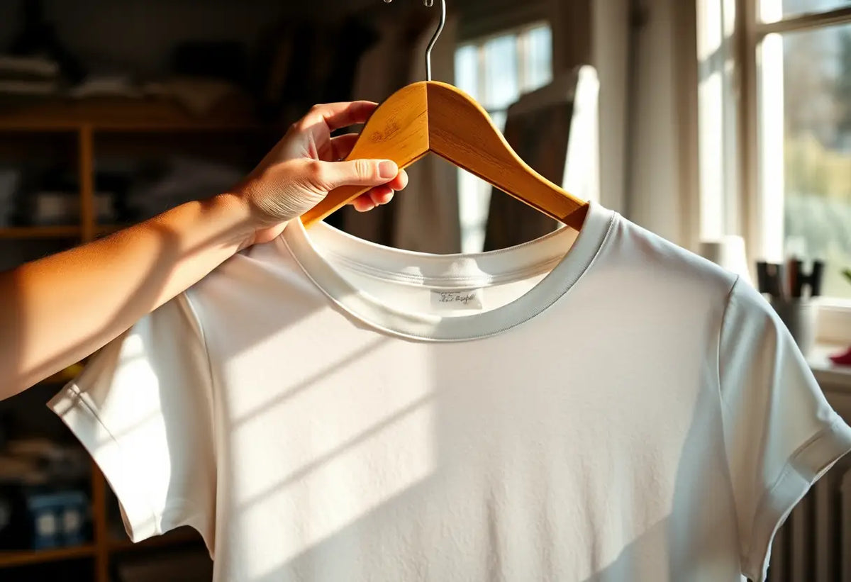 Une main plie délicatement un t-shirt en coton sur un cintre en bois, éclairé par la lumière du jour.