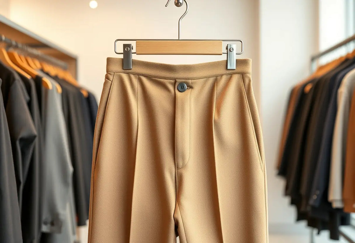 Un pantalon en laine accroché sur un cintre métallique dans un magasin de vêtements bien éclairé