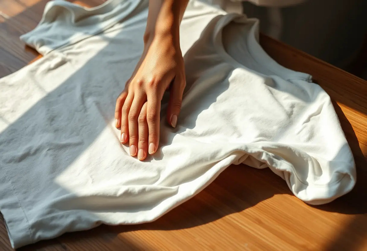 Main focus sur une main qui repasse un t-shirt en coton