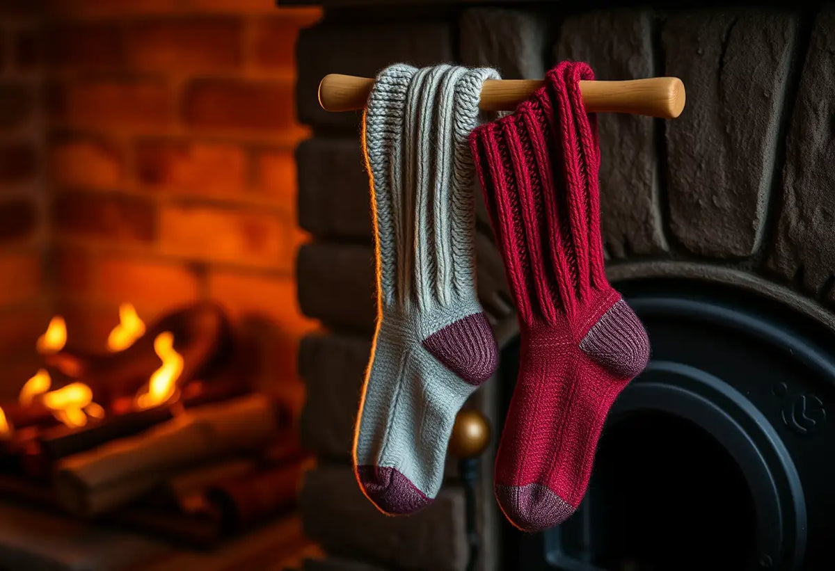 Des chaussettes en laine sèchent près d'une cheminée