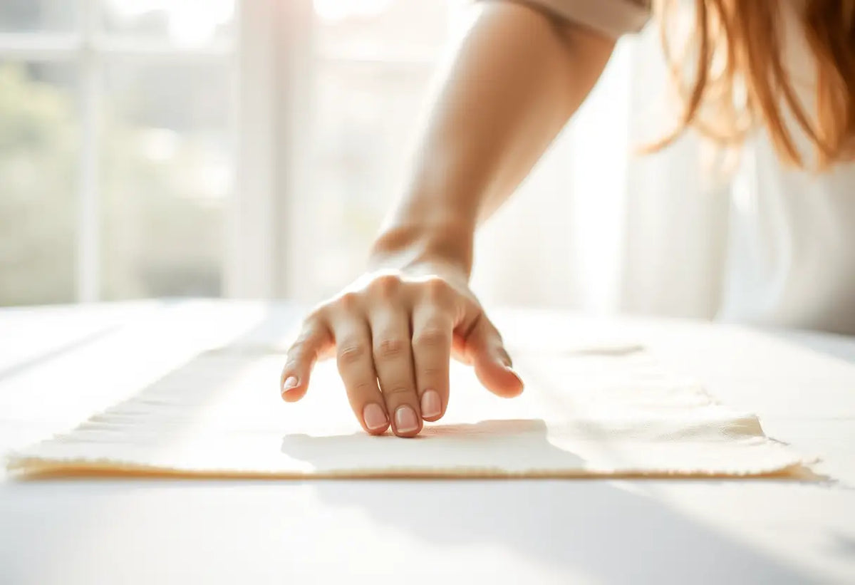 Mainse la main d'une femme qui lisse un échantillon de tissu