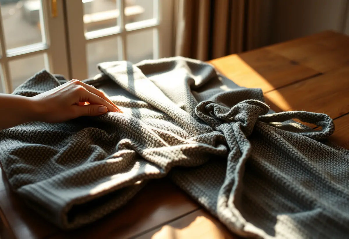 Une main lisse une ride sur un manteau en tweed, mettant en valeur la texture