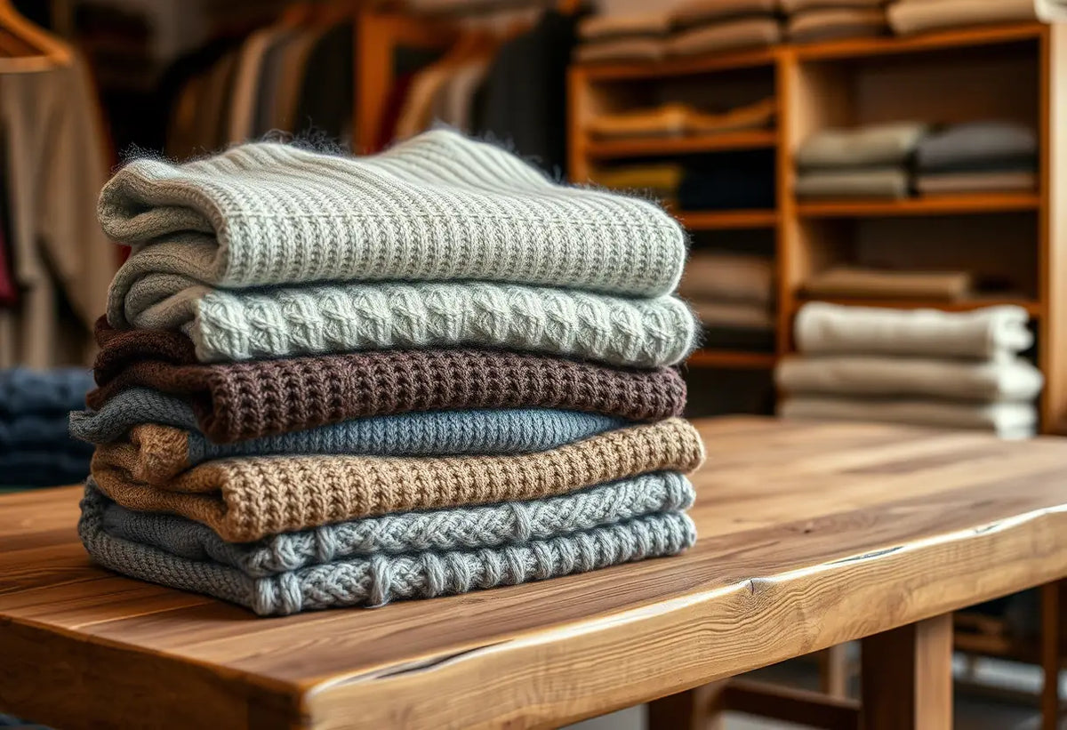 Un tas de pulls en laine pliés se trouve sur une table en bois dans une petite boutique accueillante.