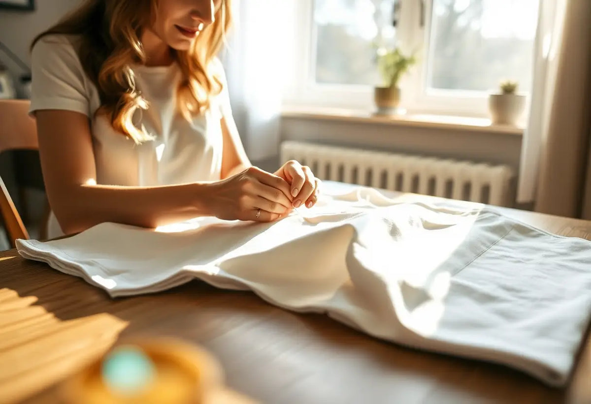 Une femme coud méticuleusement un t-shirt en coton à sa table de cuisine, éclairée par la lumière du jour.