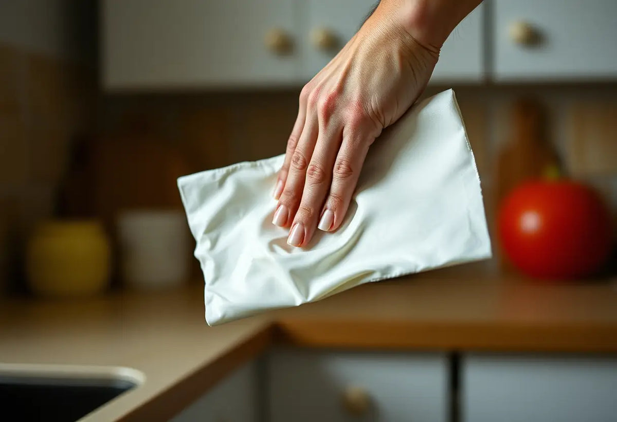 Une main féminine appuie doucement un tissu recouvert de mousse blanche pour immobiliser un chewing-gum, dans une cuisine éclairée naturellement.