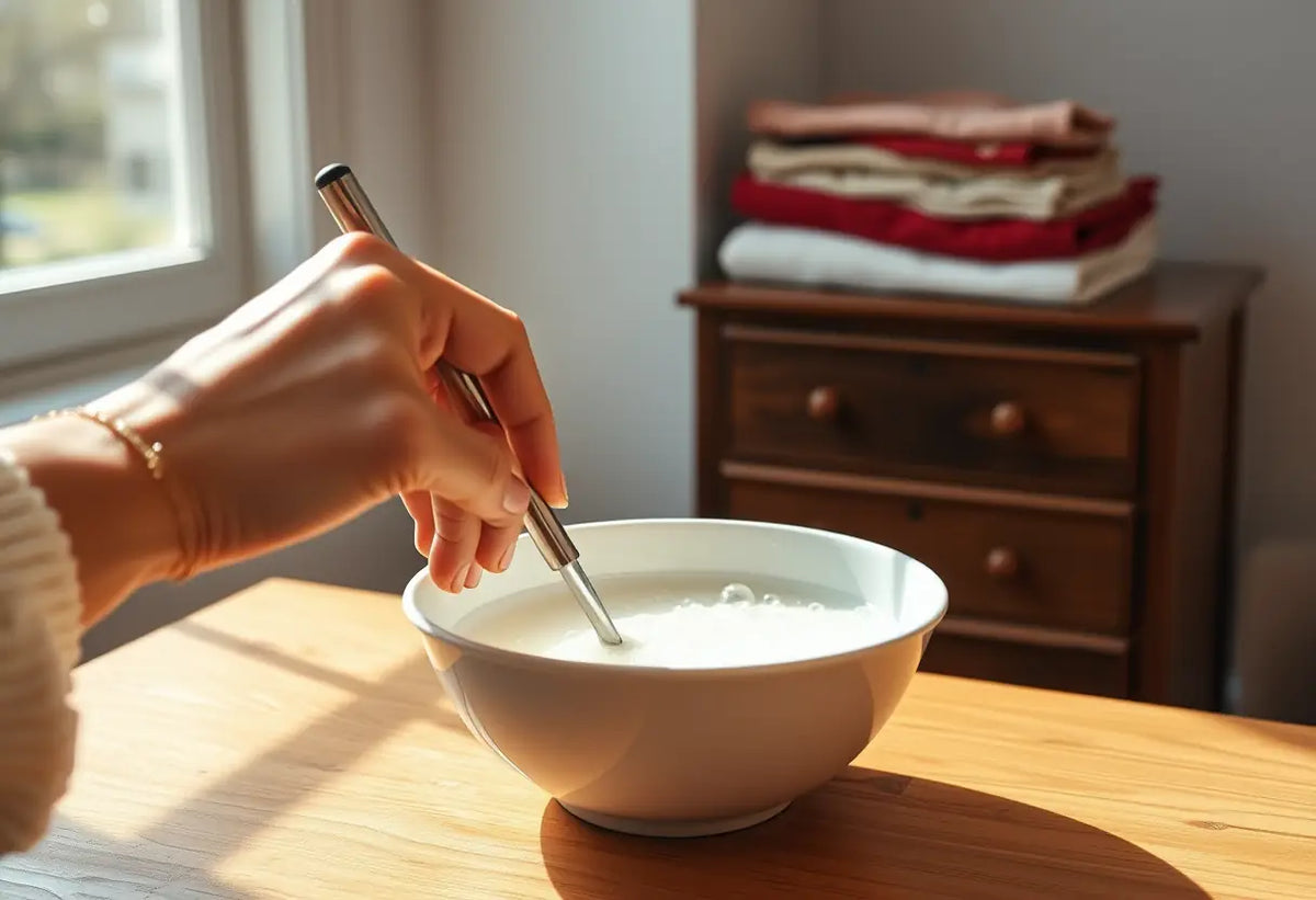 Main de femme mélangeant une solution dans un bol blanc