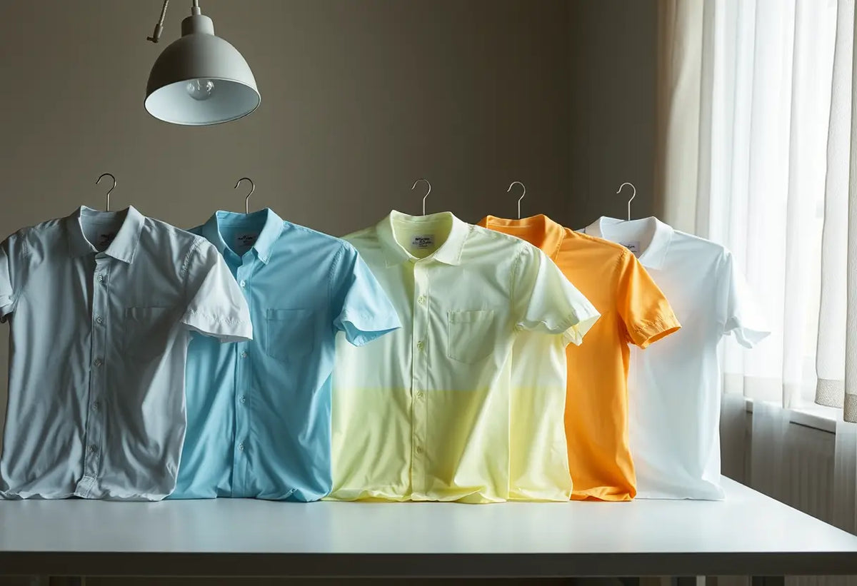 Des chemises en polyester posées sur une table montrent les effets de différents dilués de javel
