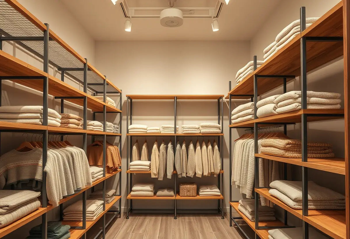 Un magasin de vêtements avec des étagères minimalistes et des pulls doux en couleurs pastel