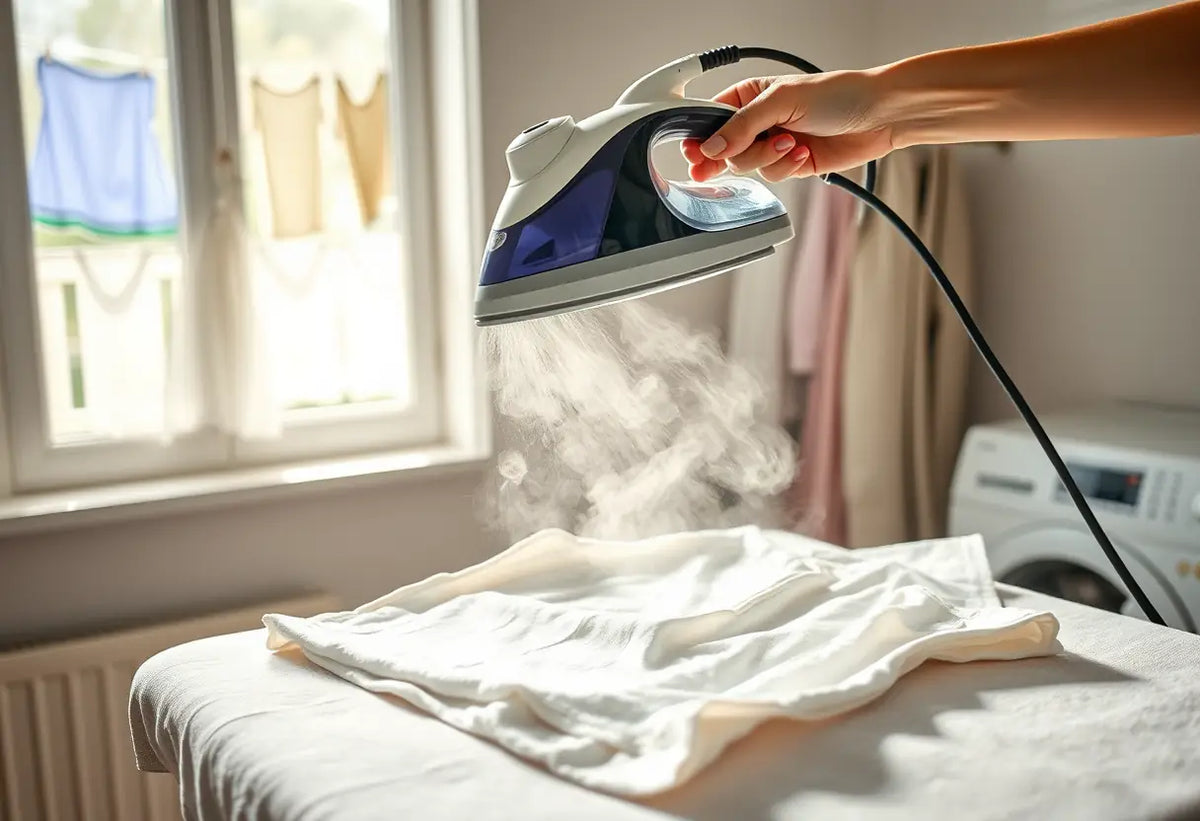 Une main utilise un vaporisateur professionnel pour lisser une chemise de coton fraîchement lavée dans une pièce avec une fenêtre donnant sur un linge à sécher
