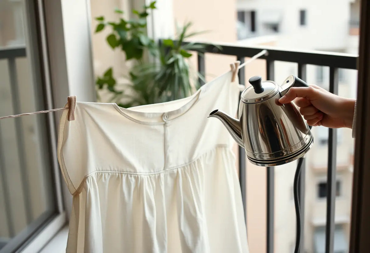 Des mains utilisent une bouilloire chaude pour lisser une robe en lin suspendue sur une corde à linge sur un balcon
