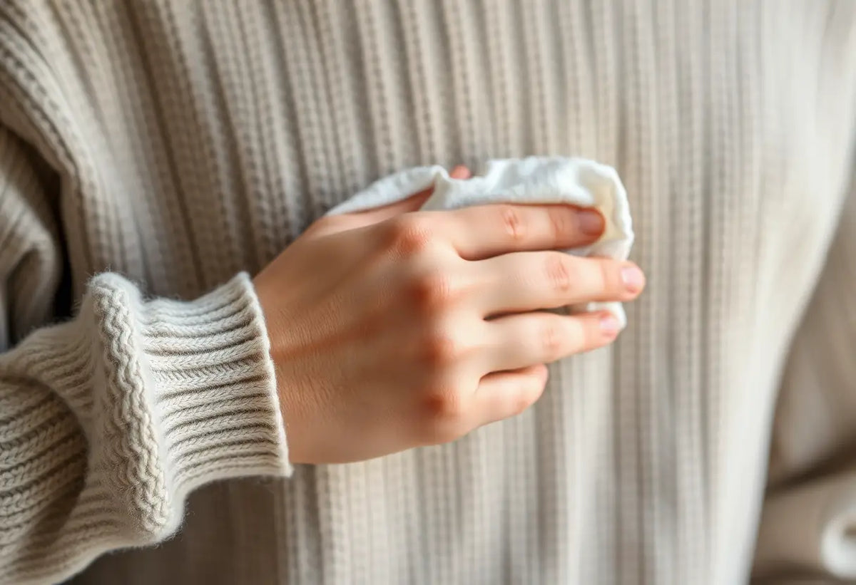Une main tenant un chiffon de coton pour éponger une tache graisseuse sur un pull en laine.