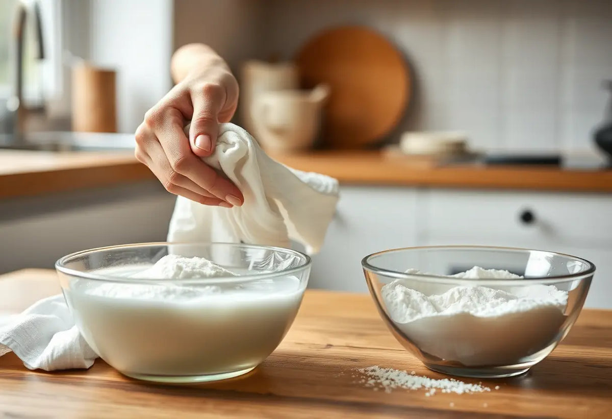Une main humaine pèse doucement un haut en coton imprégné d'eau et de vinaigre, près d'un bol de bicarbonate.