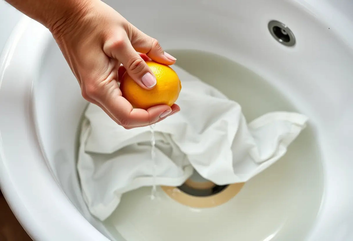 Une main presse un citron au-dessus d'une chemise blanche trempant dans un égouttoir en porcelaine.