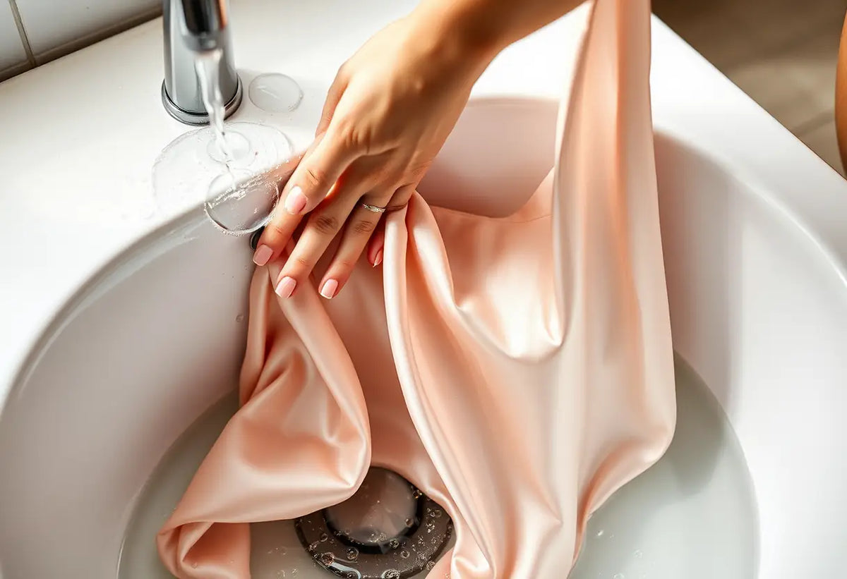 Main de femme tenant une robe en soie fine sous un robinet