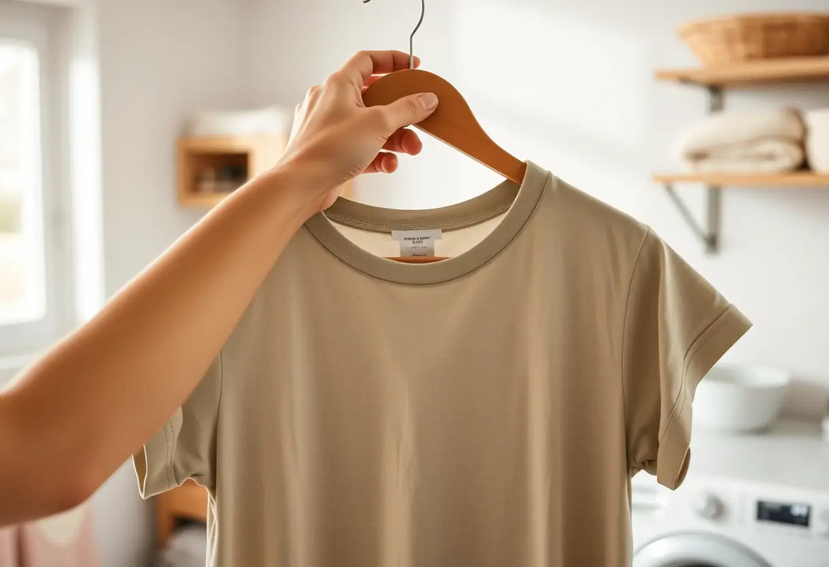 Une main plie soigneusement un t-shirt en coton dans une pièce bien éclairée, rappelant l'importance du maintien des vêtements.