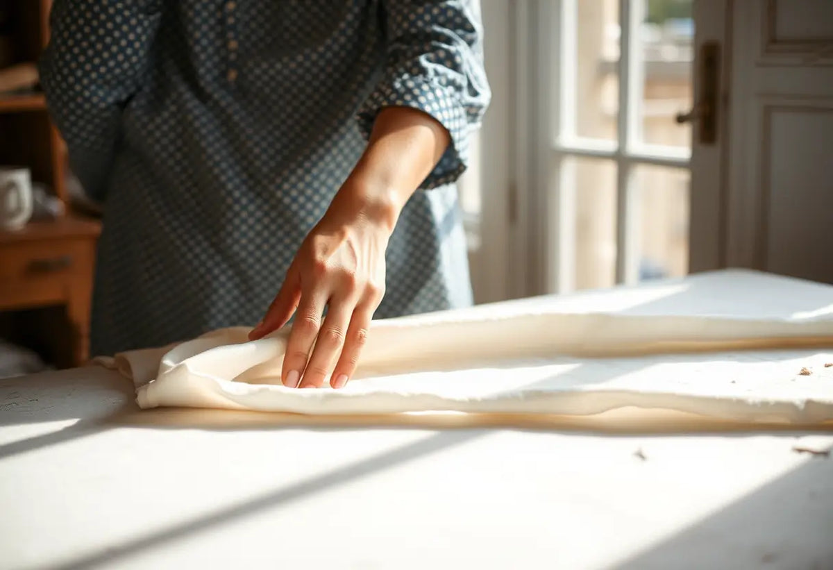 Main focus sur des mains qui lissent un tissu en coton, contexte de création de vêtements
