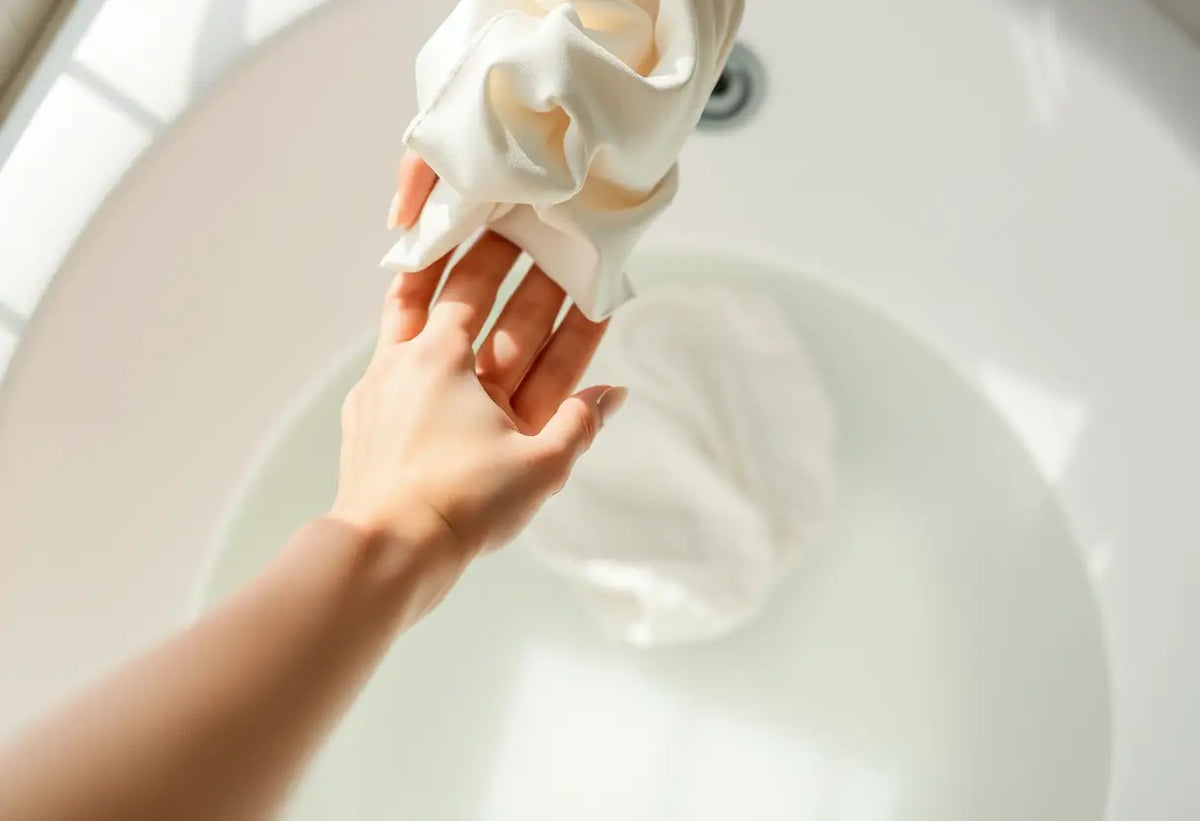Main: Une main tient une robe de soie dans une baignoire remplie de solution antibactérienne.