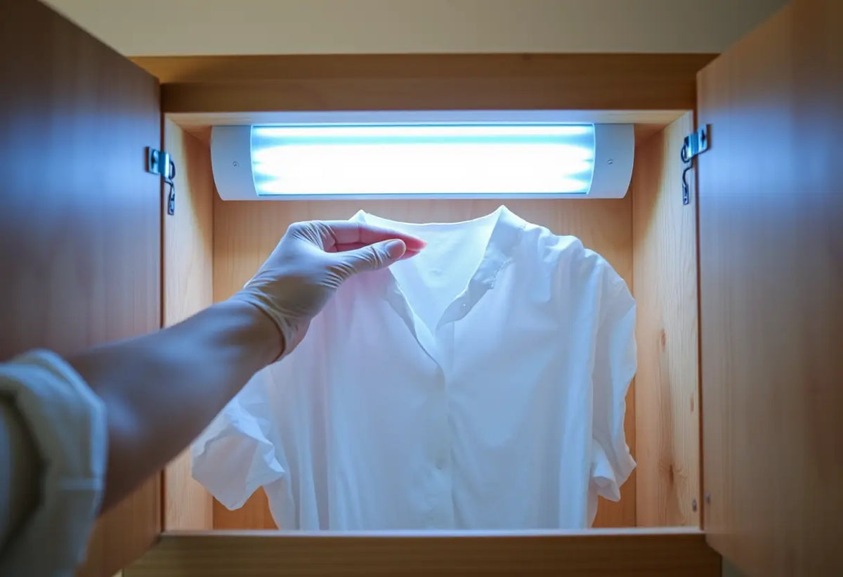 Main: main de femme tenant une blouse en coton blanc dans une boîte en bois avec une lampe UV-C.