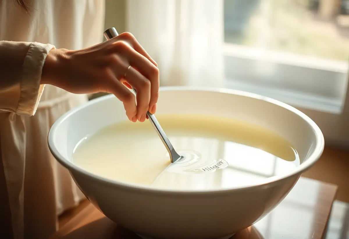 Une main féminine mélange du vinaigre blanc et de l'eau pour désodoriser des vêtements.