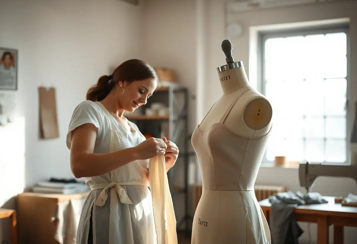 couturière piquant soigneusement un morceau de tissu sur un mannequin, dans un coin calme d'atelier, sous la lumière du jour